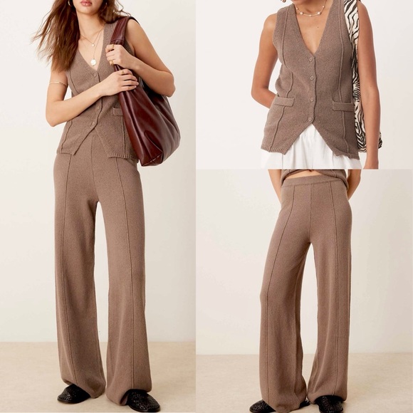 ASOS Pants - ASOS DESIGN 2 piece matching SET taupe tan brown knit button vest & pants